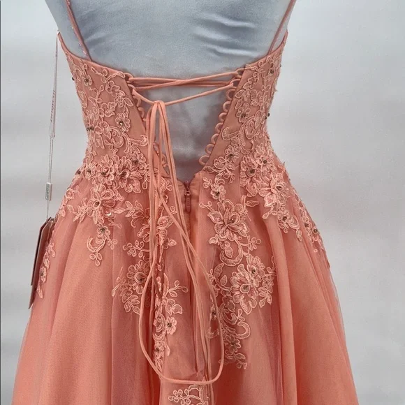 JJ’s House Coral Tulle Lace Embroidered Fit Flare Dress Spaghetti Strap US 2 - Picture 8 of 11